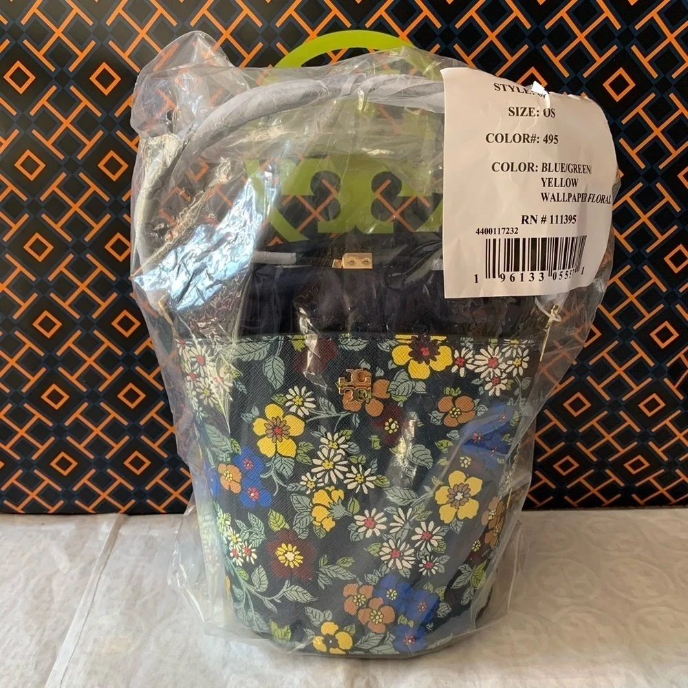Tory Burch Emerson Mini Bucket Crossbody Bag Wallpaper Floral Navy Blue Green